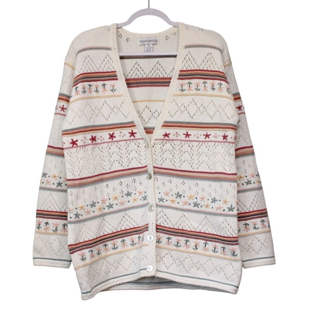 Vintage Cardigan Sweater Oversized Medium Cottagecore Grandma 90s Embroidered